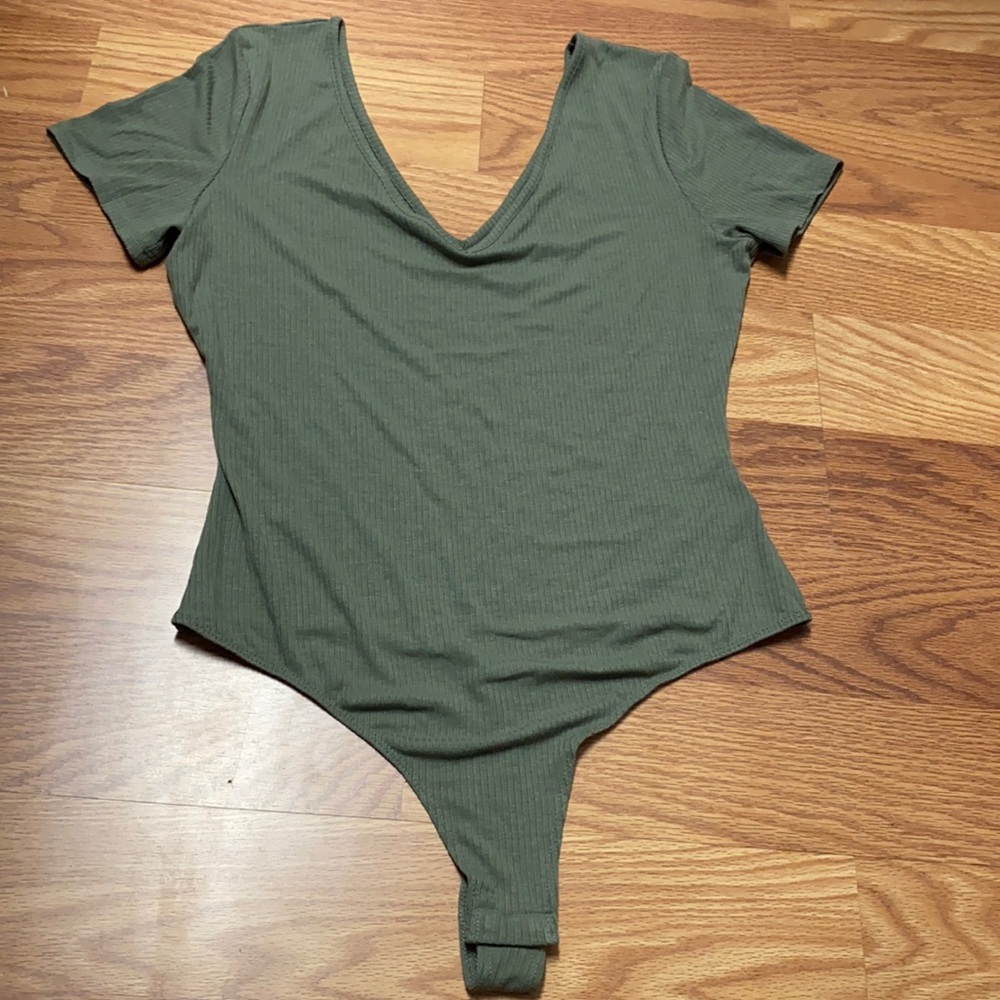 Olive V-neck Thong Ribbed Shortsleeve Bodysuit